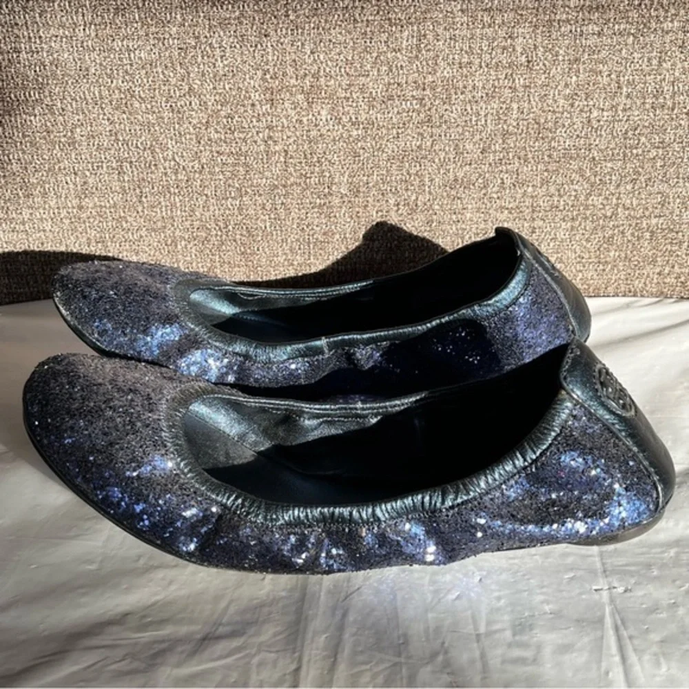 Tory Burch‎ Blue Sparkle Ballet Flats Womens Size 7.5 Leather Sole Slip On Logo